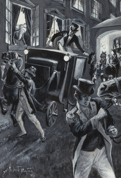 Calming the Horse by W. Herbert Dunton — Men in top hats seize the bridles of plunging carriage horses