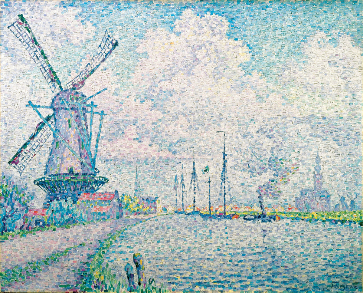 Canal of Overschie by Paul Signac — A windmill beside a still canal under white and lilac clouds