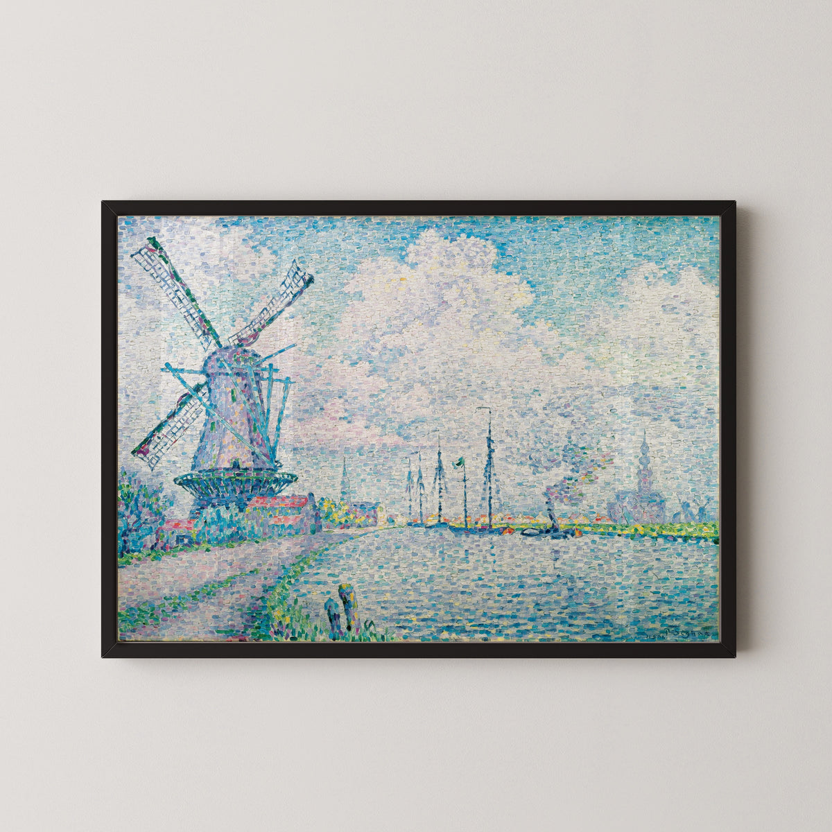 Framed art print of Canal of Overschie by Paul Signac, in a black frame on a pale wall