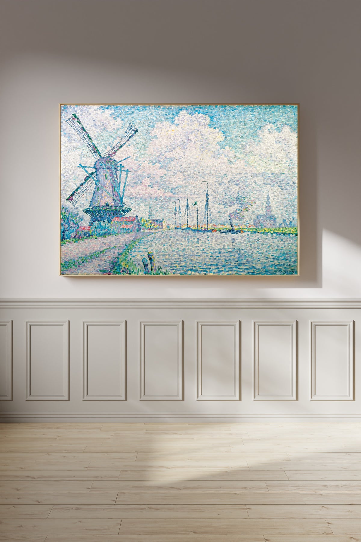 Framed art print of Canal of Overschie by Paul Signac, on a panelled wall in afternoon light