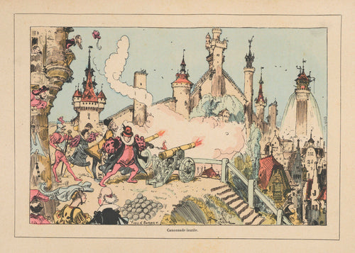 Canonnade inutile by Albert Robida — A pink-coated gunner fires a cannon beside a castle town
