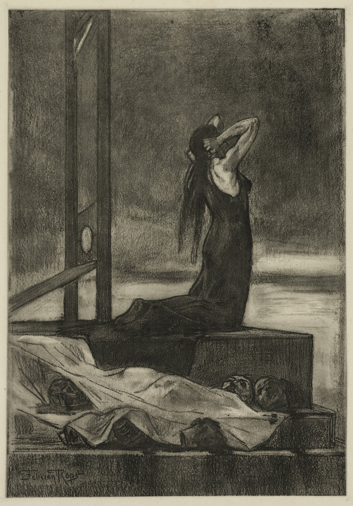 Capital Punishment: The Pain of Death by Félicien Rops — A woman in black kneels on the scaffold beside the guillotine