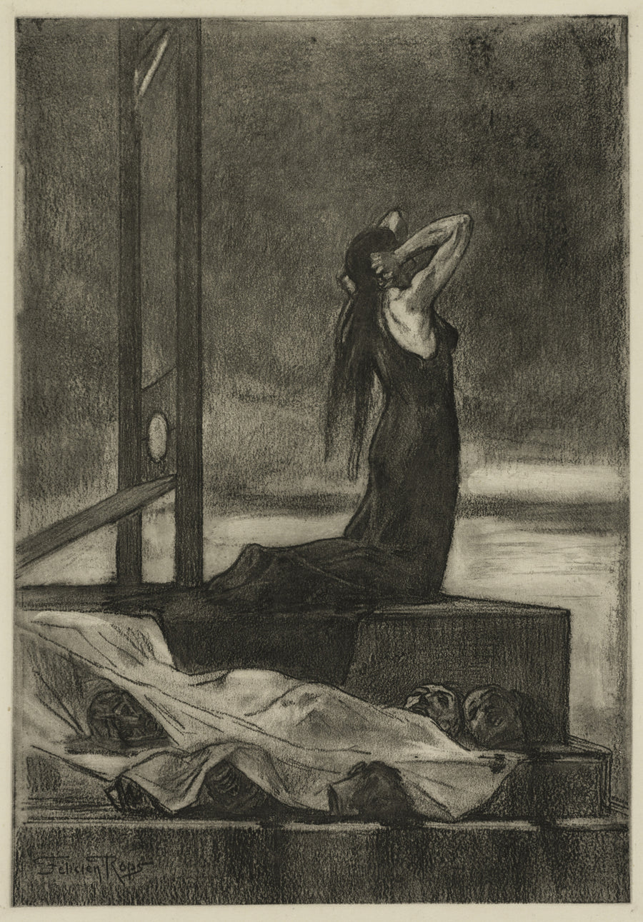 Félicien Rops — Capital Punishment: The Pain of Death | Etching Print shown to scale on a wall above a sofa