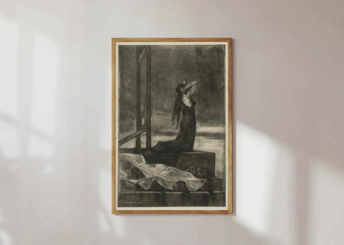 Framed art print of Capital Punishment: The Pain of Death by Félicien Rops, in a light wood frame on a sunlit white wall