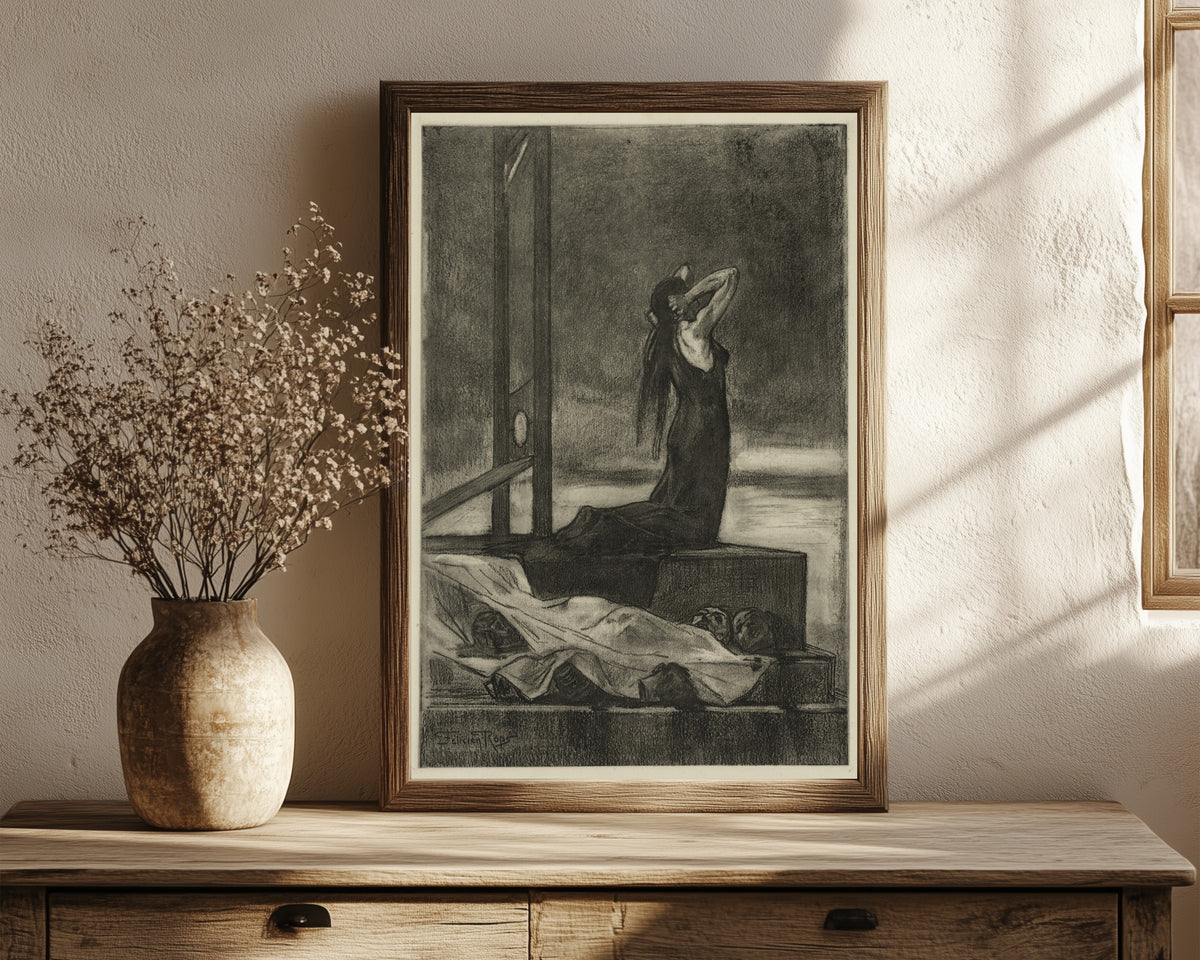 Framed art print of Capital Punishment: The Pain of Death by Félicien Rops, in a dark wood frame leaning on a rustic console beside dried flowers