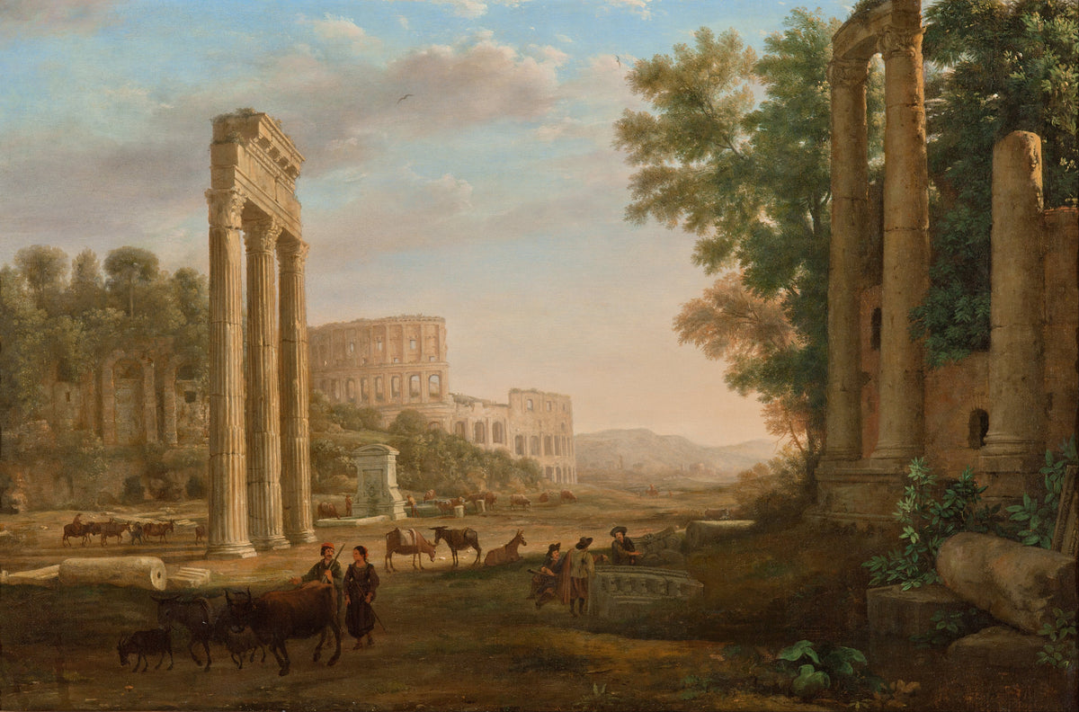 Capriccio with Ruins of the Roman Forum by Claude Lorrain — Roman ruins and the Colosseum with herdsmen in front
