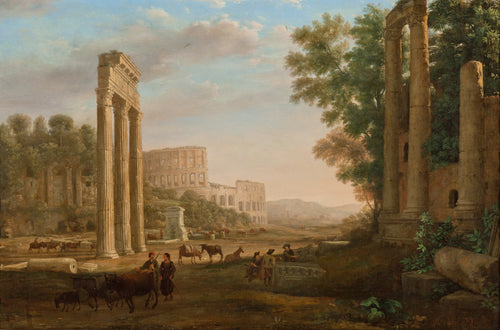 Capriccio with Ruins of the Roman Forum by Claude Lorrain — Roman ruins and the Colosseum with herdsmen in front