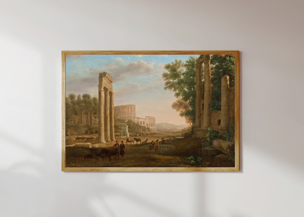 Framed art print of Capriccio with Ruins of the Roman Forum by Claude Lorrain, in a light wood frame on a sunlit white wall