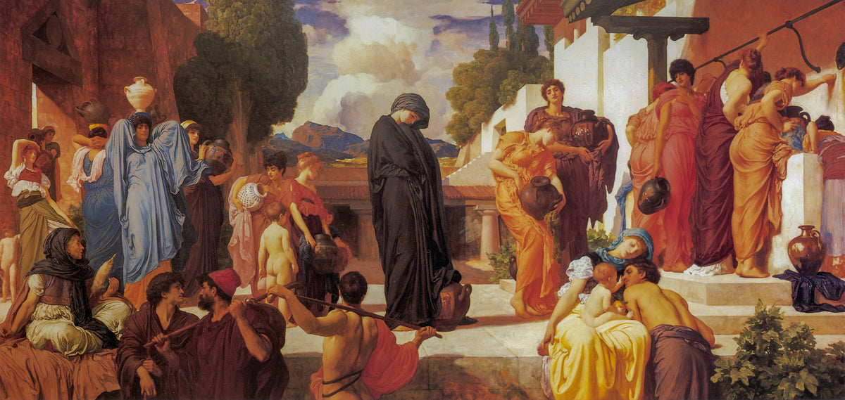 Captive Andromache by Frederic Leighton — A veiled woman in black stands among water carriers at a well