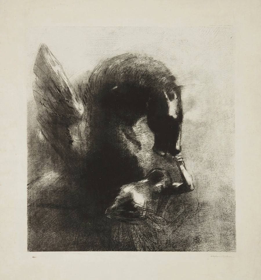 Odilon Redon — Captive Pegasus | Symbolist Art Print shown to scale on a wall above a sofa