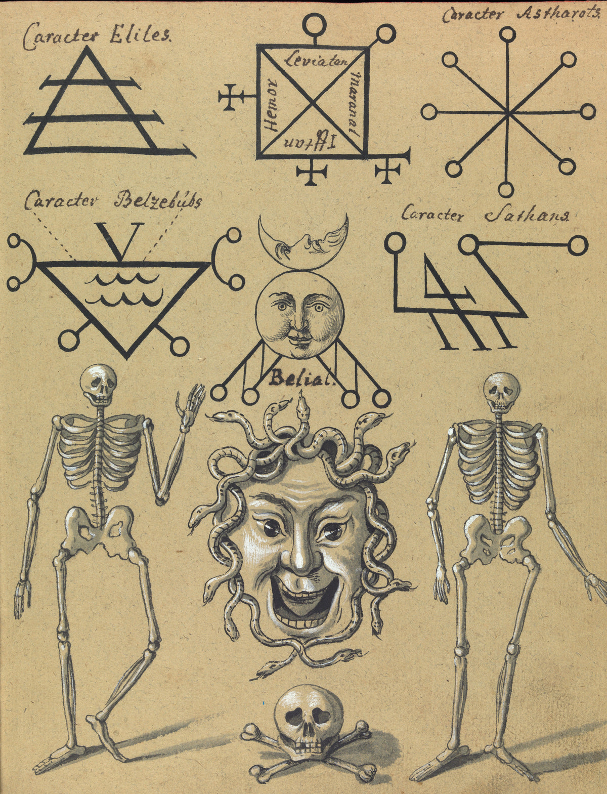 Caracter Eliles, Astharots, Belzebub and Sathan by Unknown artist — Demon sigils above two skeletons and a grinning snake-haired mask