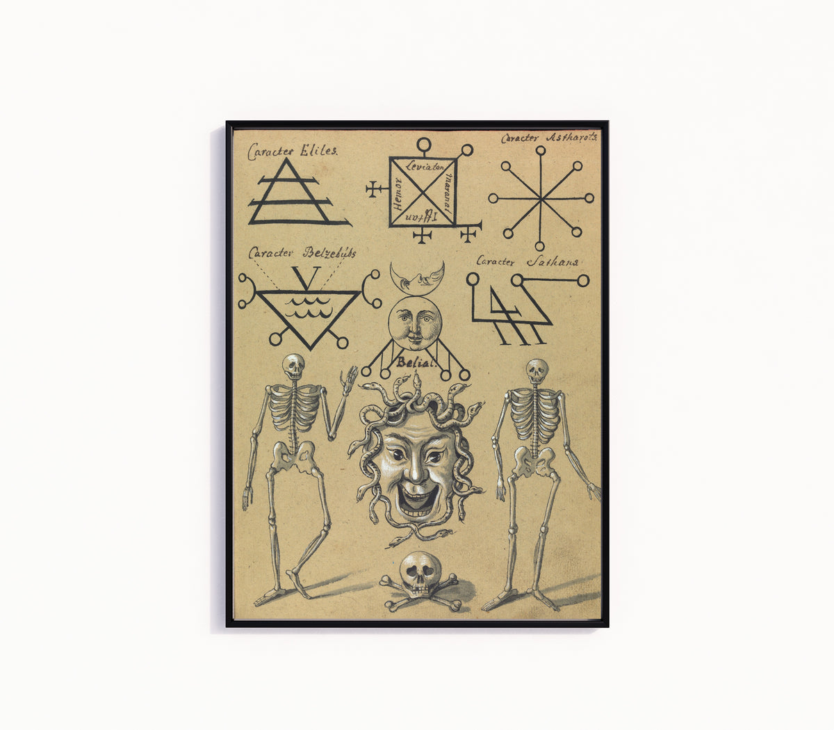 Framed art print of Caracter Eliles, Astharots, Belzebub and Sathan by Unknown artist, in a slim black frame on a plain white wall
