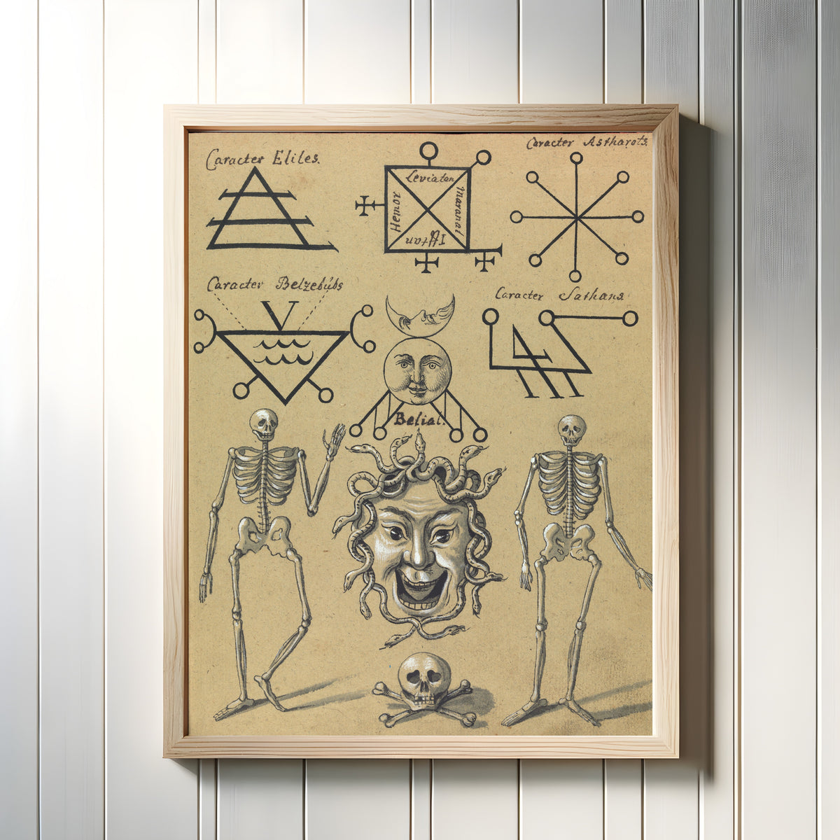 Framed art print of Caracter Eliles, Astharots, Belzebub and Sathan by Unknown artist, in a light wood frame on a white panelled wall