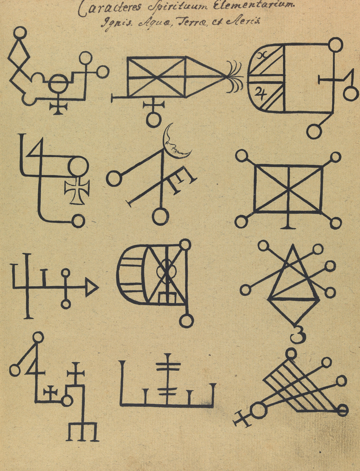 Caracteres Spirituum Elementarium: Ignis, Aqua, Terra et Aeris by Unknown artist — Twelve sigils of the elemental spirits drawn in bold black ink