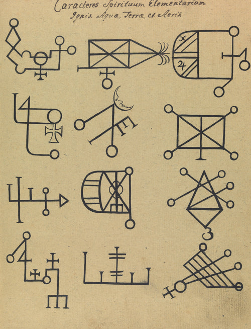 Caracteres Spirituum Elementarium: Ignis, Aqua, Terra et Aeris by Unknown artist — Twelve sigils of the elemental spirits drawn in bold black ink