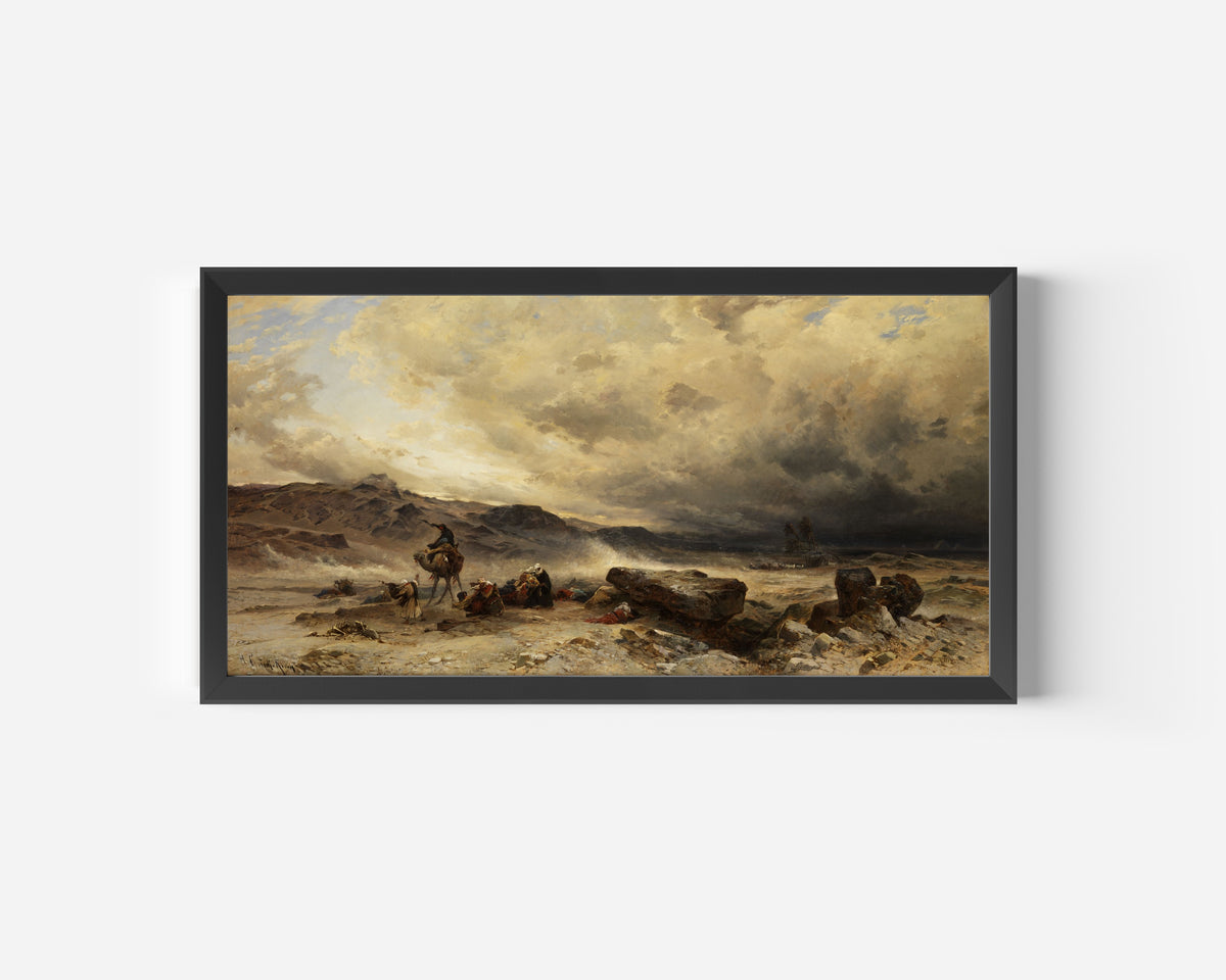 Caravan in a Sandstorm by Hermann Corrodi — in a wide black frame on a plain white wall