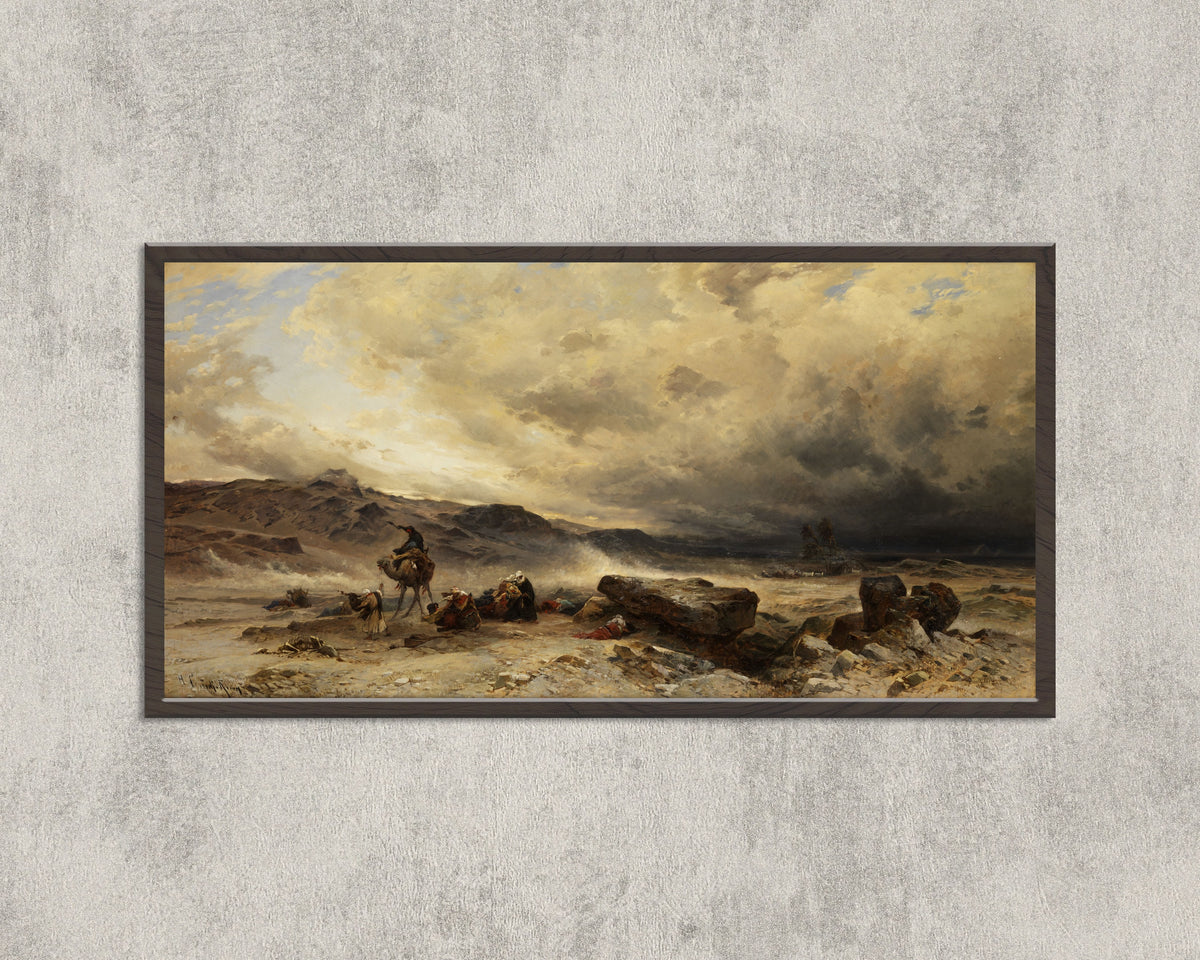 Caravan in a Sandstorm by Hermann Corrodi — in a wide black frame on a concrete wall