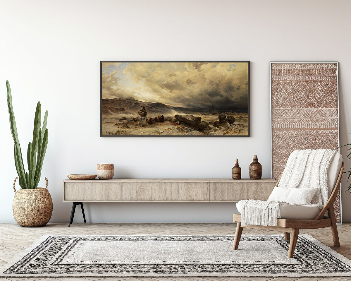 Caravan in a Sandstorm by Hermann Corrodi — framed above a sideboard in a living room