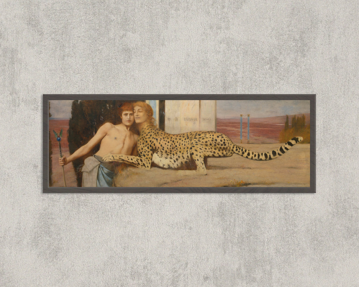 Framed art print of Caresses by Fernand Khnopff, in a wide frame on a concrete wall