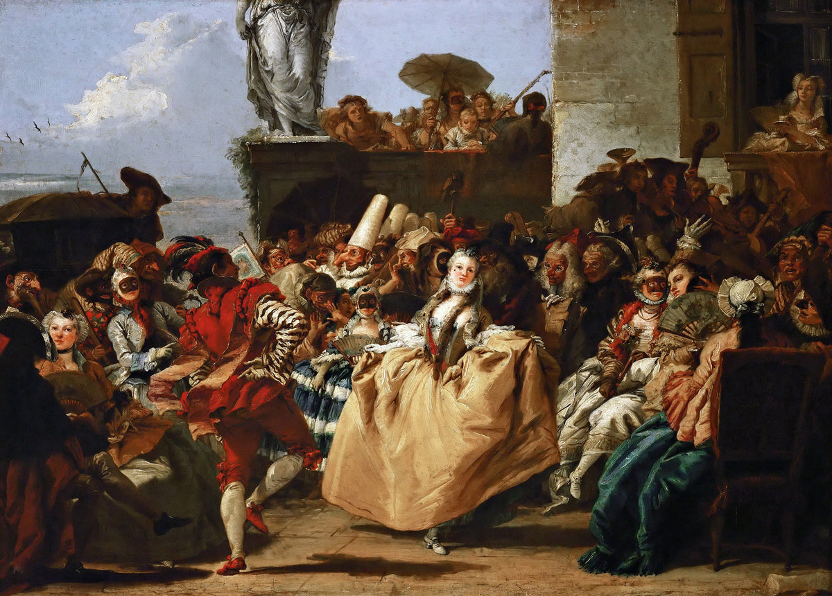 Carnival Scene (The Minuet) by Giovanni Domenico Tiepolo — A woman in a pale gold gown dances the minuet in a masked crowd