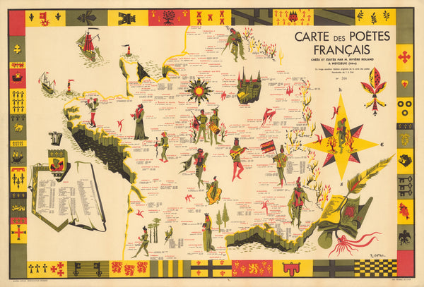 R. Gattaz — Carte des Poètes Français | Vintage Pictorial Map Print
