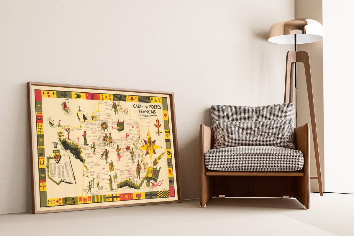 R. Gattaz — Carte des Poètes Français | Vintage Pictorial Map Print
