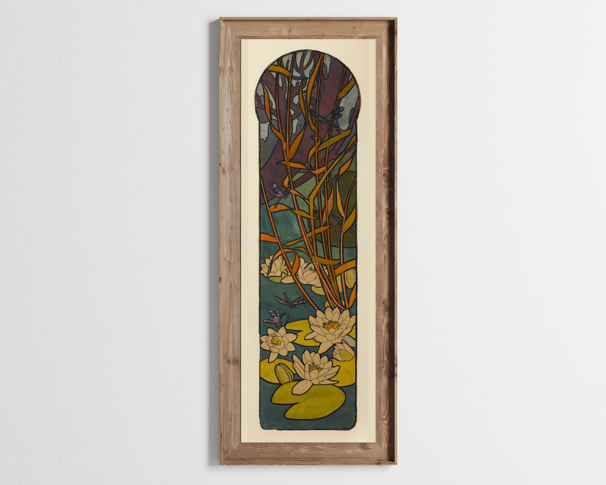Alphonse Mucha — Carton de vitrail pour la bijouterie Fouquet (motif de nénuphars et libellules) | Art Nouveau Print