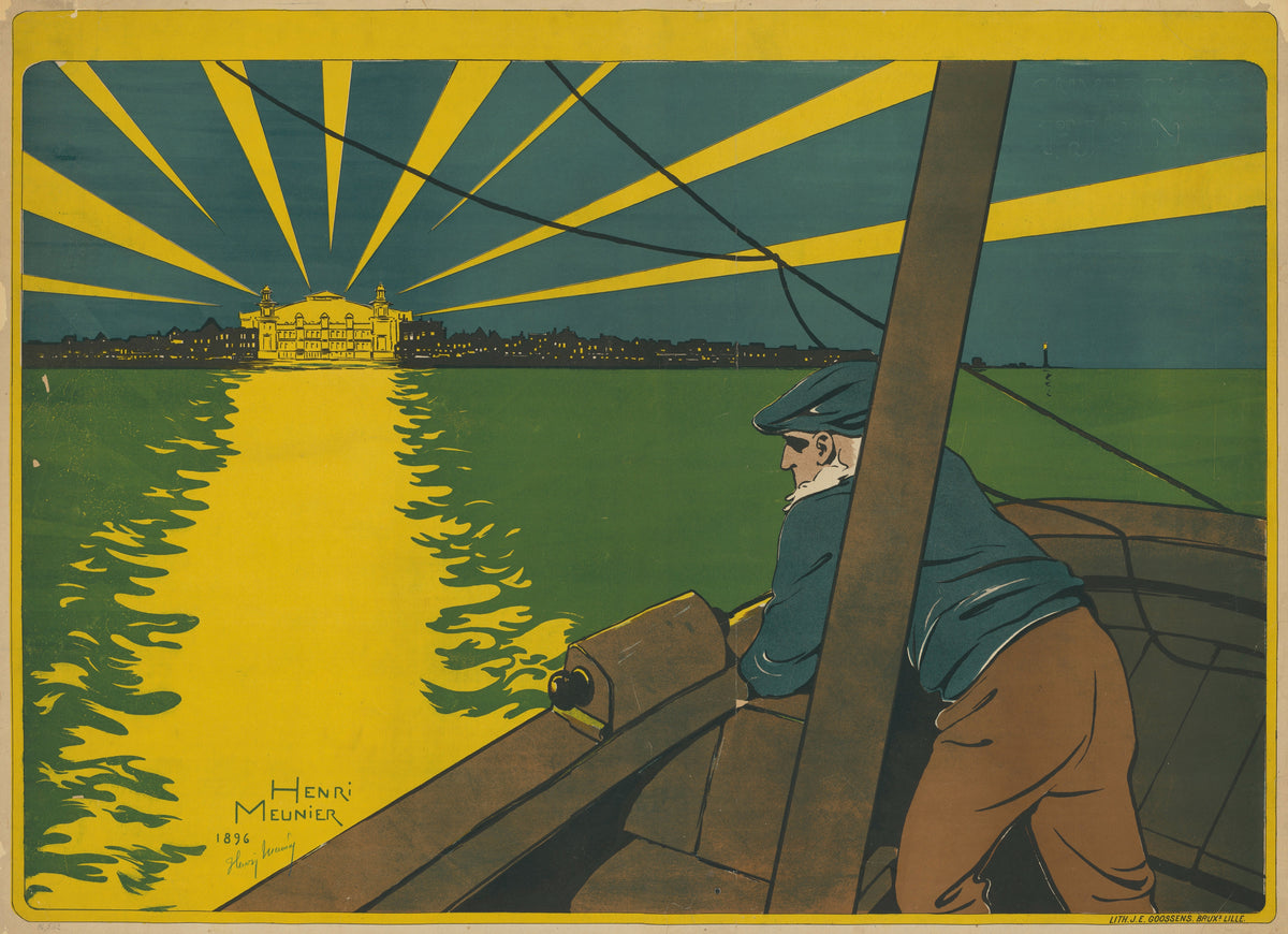 Casino de Blankenberghe by Henri Meunier — A white-bearded man looks across green water to a lit casino