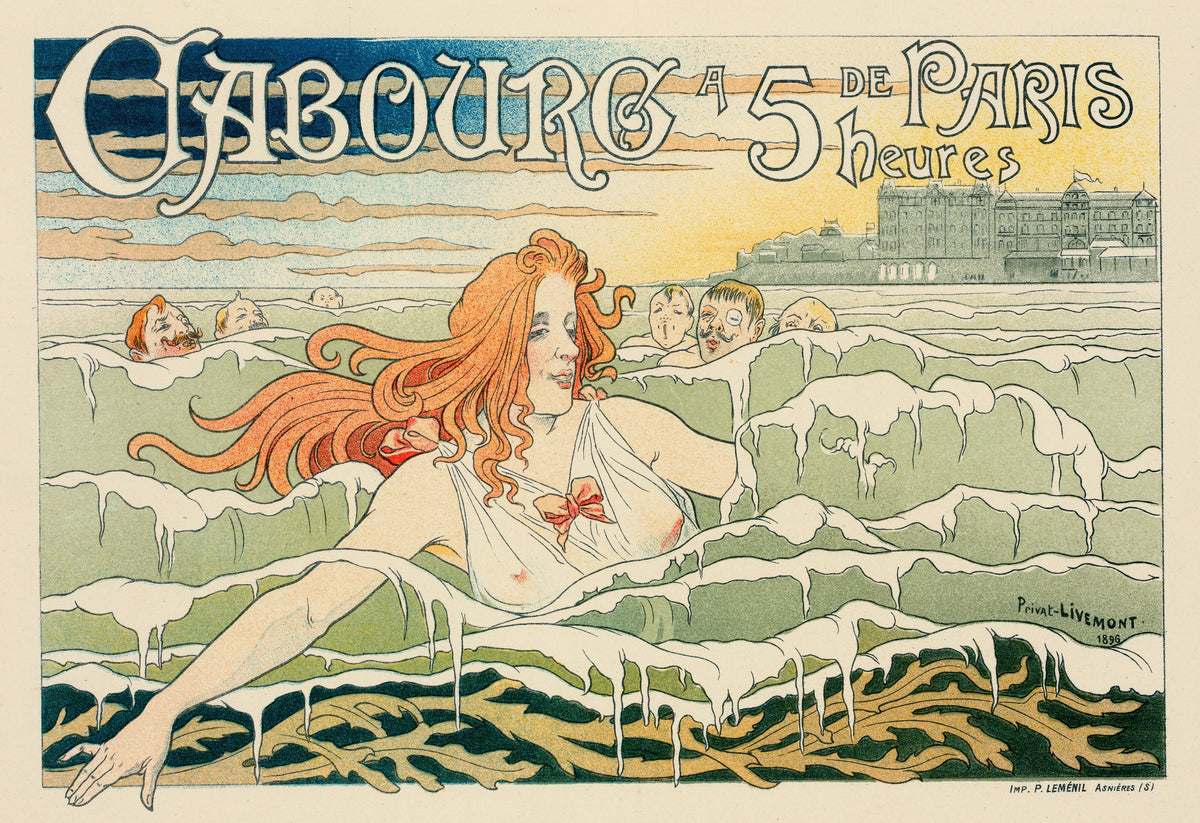 Casino de Cabourg by Henri Privat-Livemont — A red-haired swimmer rides the waves past six bobbing bathers' heads