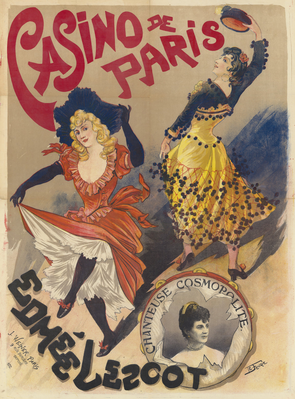 Casino de Paris: Edmée Lescot, chanteuse cosmopolite by Georges de Feure — Two dancers swirl beneath a red Casino de Paris banner