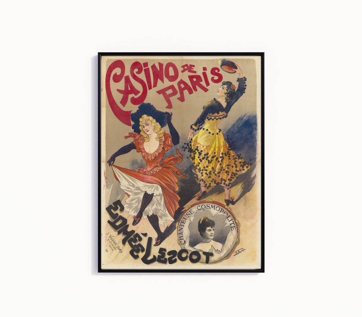 Framed art print of Casino de Paris: Edmée Lescot, chanteuse cosmopolite by Georges de Feure, in a slim black frame on a plain white wall