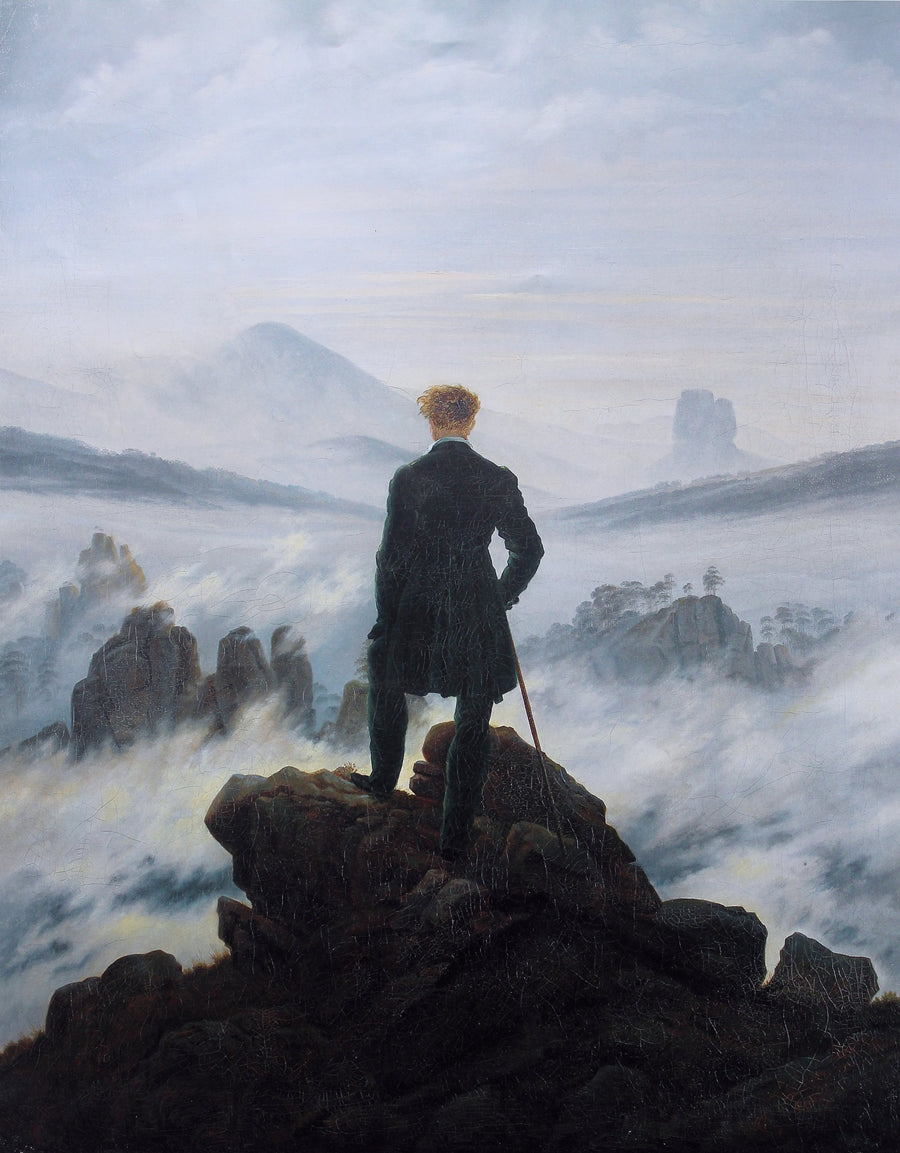 Caspar David Friedrich — Wanderer Above the Sea of Fog | Fine Art Print shown to scale on a wall above a sofa