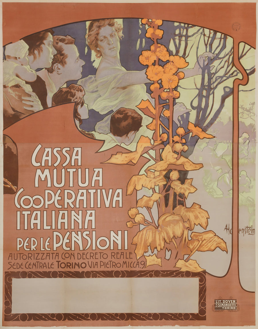 Adolfo Hohenstein — Cassa Mutua Cooperativa Italiana per le Pensioni | Vintage Poster Print shown to scale on a wall above a sofa