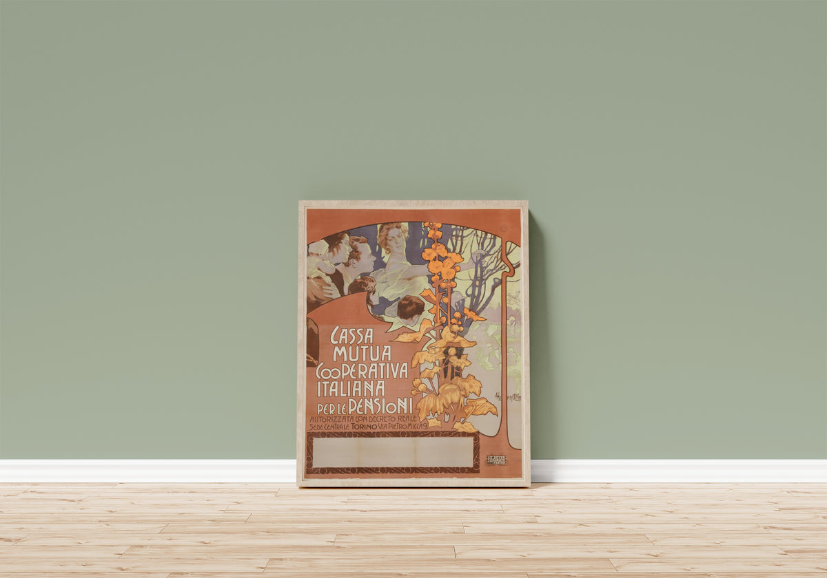 Framed art print of Cassa Mutua Cooperativa Italiana per le… by Adolfo Hohenstein, in a light wood frame leaning on a sage green wall above a wooden floor