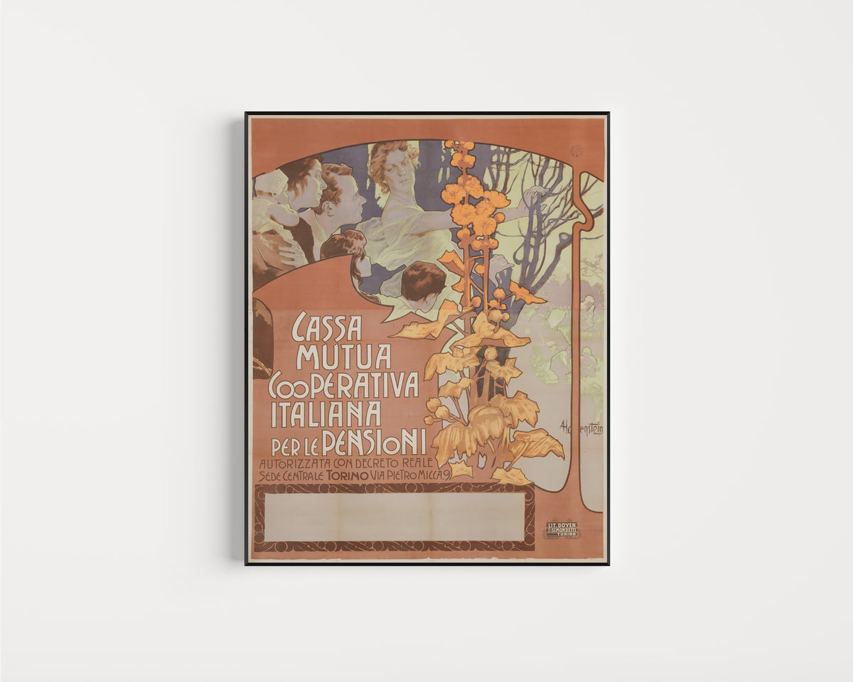 Framed art print of Cassa Mutua Cooperativa Italiana per le Pensioni by Adolfo Hohenstein, in a slim black frame on a plain white wall