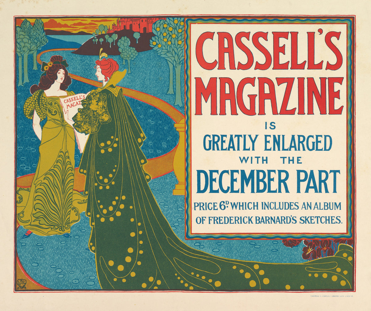 Cassell's Magazine, December by Louis Rhead — Two women in long gowns with a magazine below a red castle