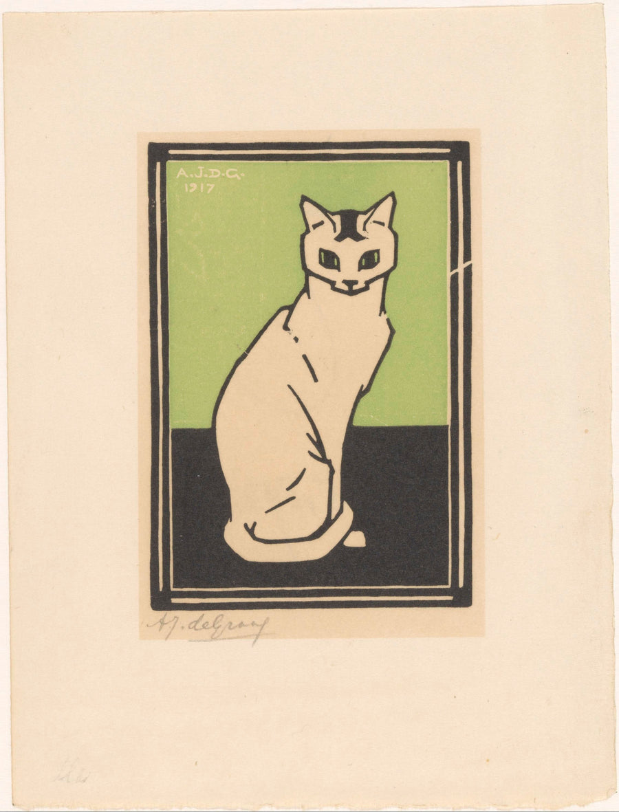 Julie de Graag — Cat on Green | Woodcut Print shown to scale on a wall above a sofa