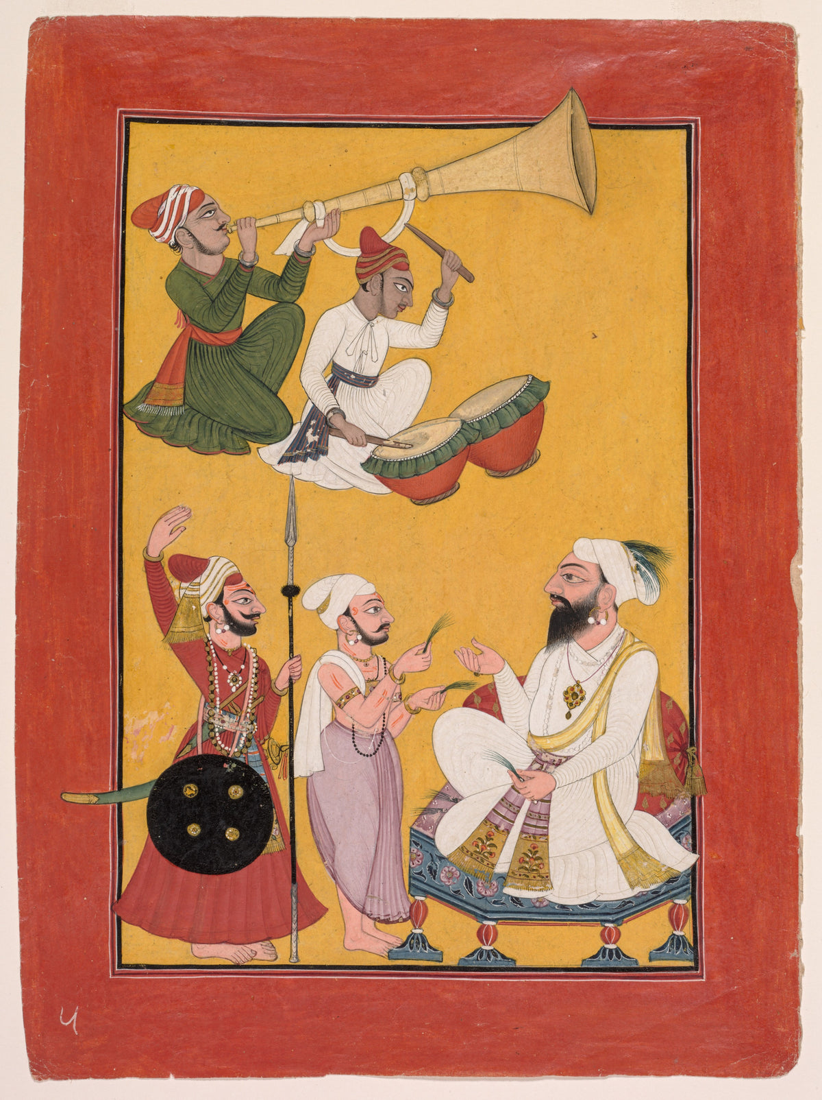 Celebrations of Krishna's Birth, from a Bhagavata Purana by Pahari school — Trumpet and drums sound over a seated chief on a yellow ground