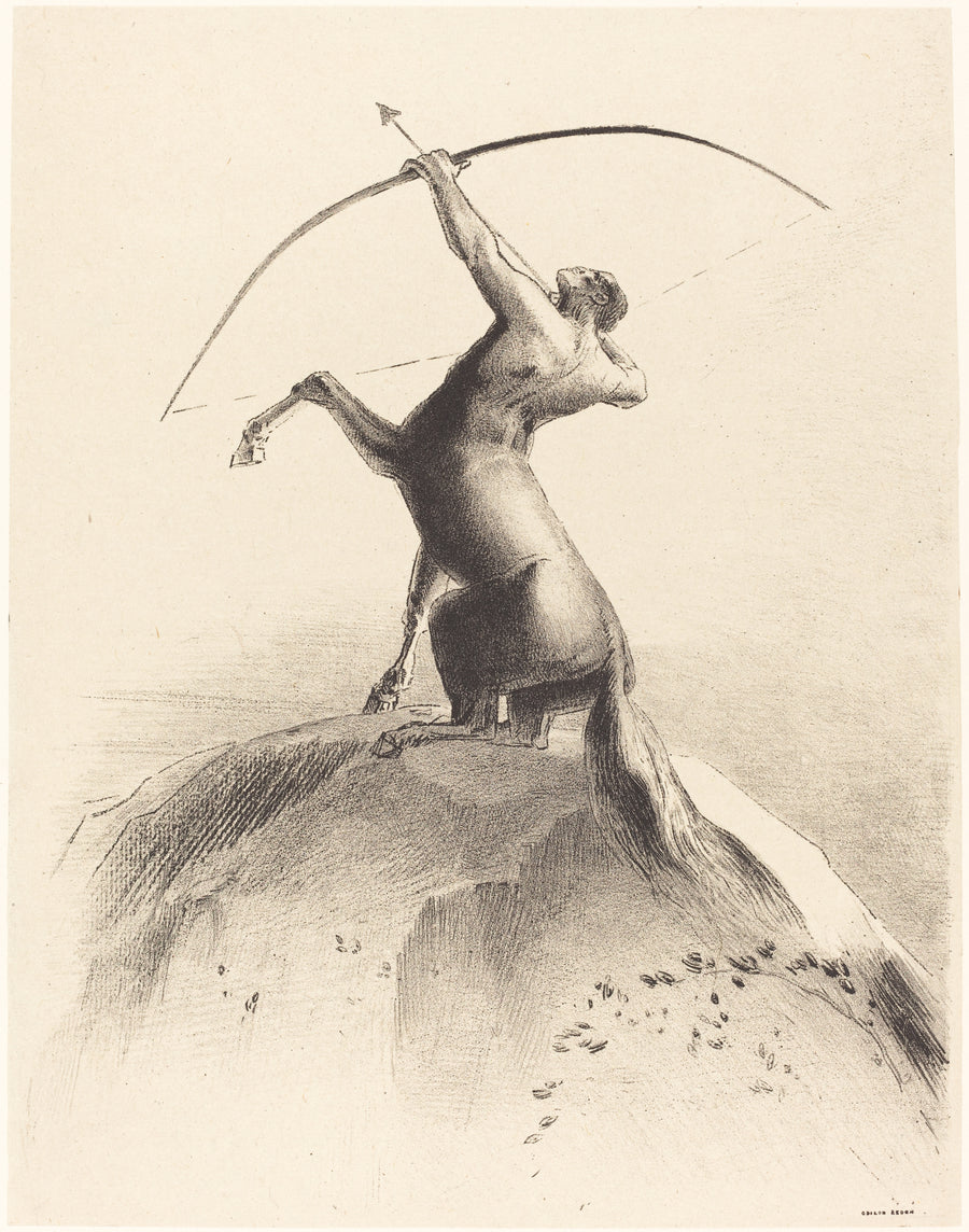 Odilon Redon — Centaur Aiming at the Clouds | Symbolist Art Print shown to scale on a wall above a sofa