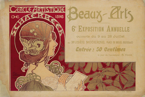 Cercle Artistique de Schaerbeek (1898) by Henri Privat-Livemont — A woman in a star-studded cap sketches a leaf beside gold lettering