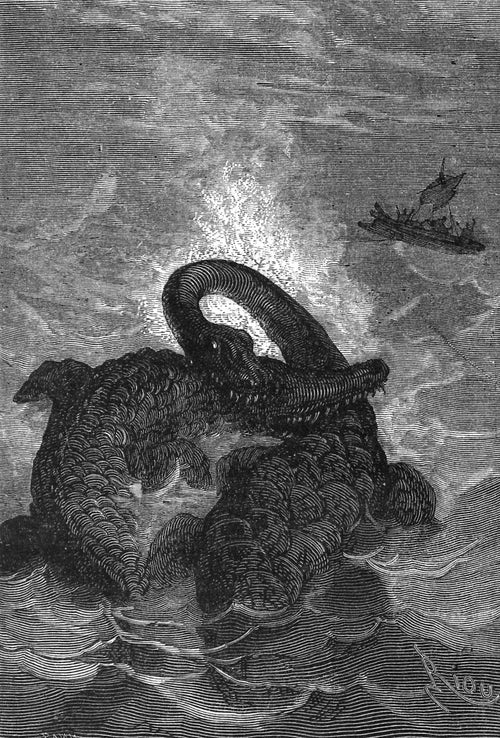 Ces animaux s'attaquent avec fureur (These animals attack each other with fury) by Édouard Riou — Two sea monsters lock in combat as a tiny raft runs before
