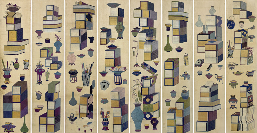 Korean chaekgeori painter (unidentified) — Chaekgeori (Scholar's Accoutrements) | Korean Painting Art Print shown to scale on a wall above a sofa