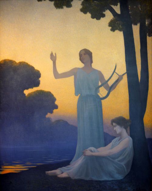 Chant du soir by Alphonse Osbert — A woman with a lyre raises her hand by a lake under a golden sky