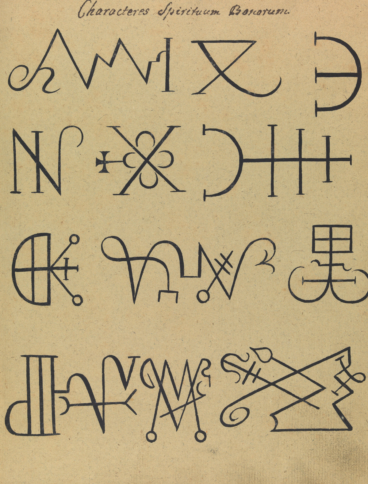 Characteres Spirituum Bonorum by Unknown artist — Bold black sigils of the good spirits in rows across a tan page