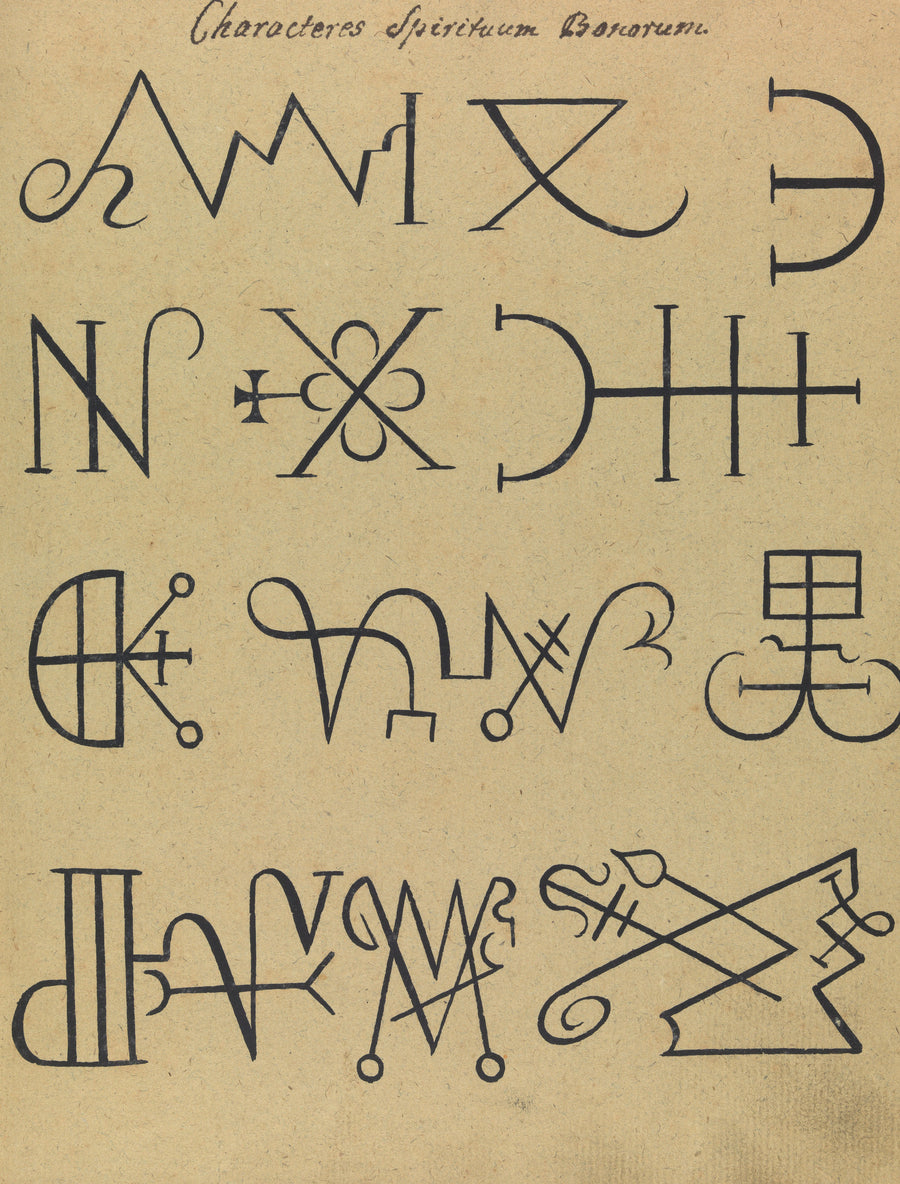 Characteres Spirituum Bonorum | Esoteric Art Print shown to scale on a wall above a sofa