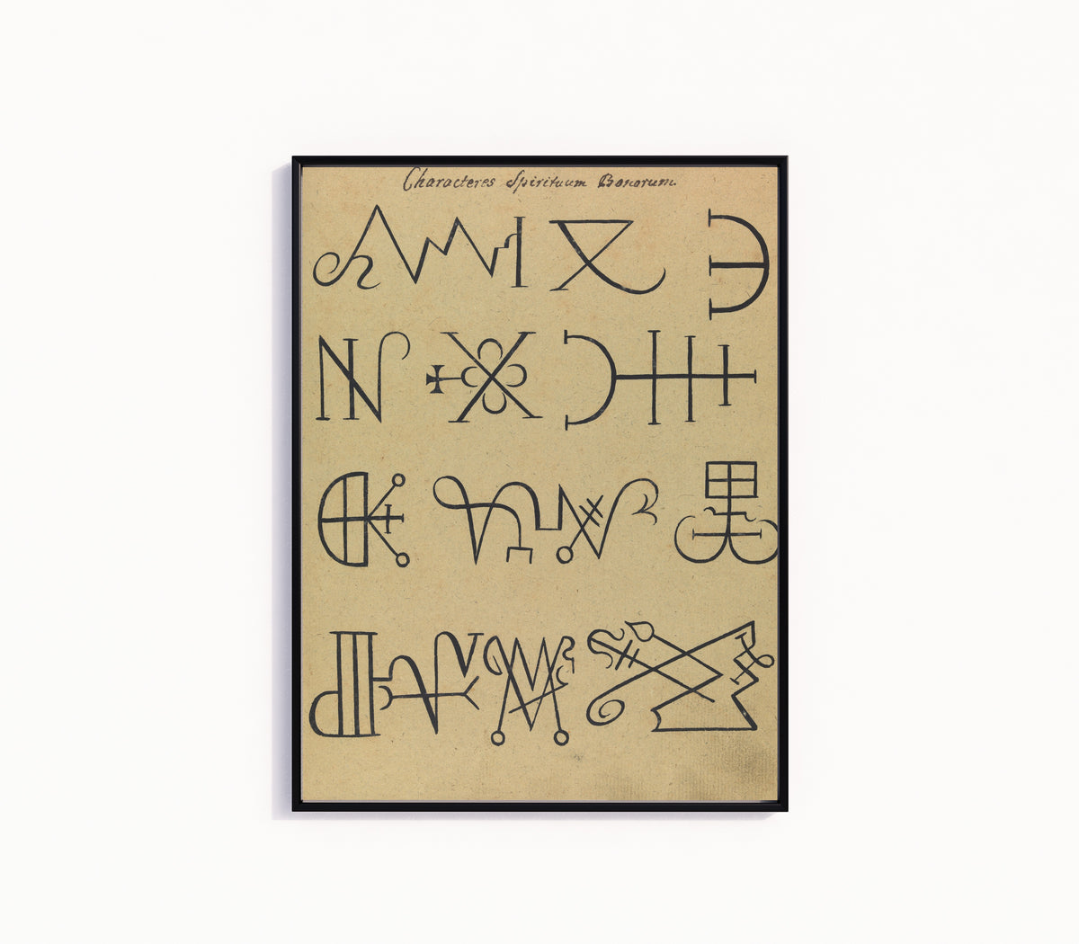Framed art print of Characteres Spirituum Bonorum by Unknown artist, in a slim black frame on a plain white wall