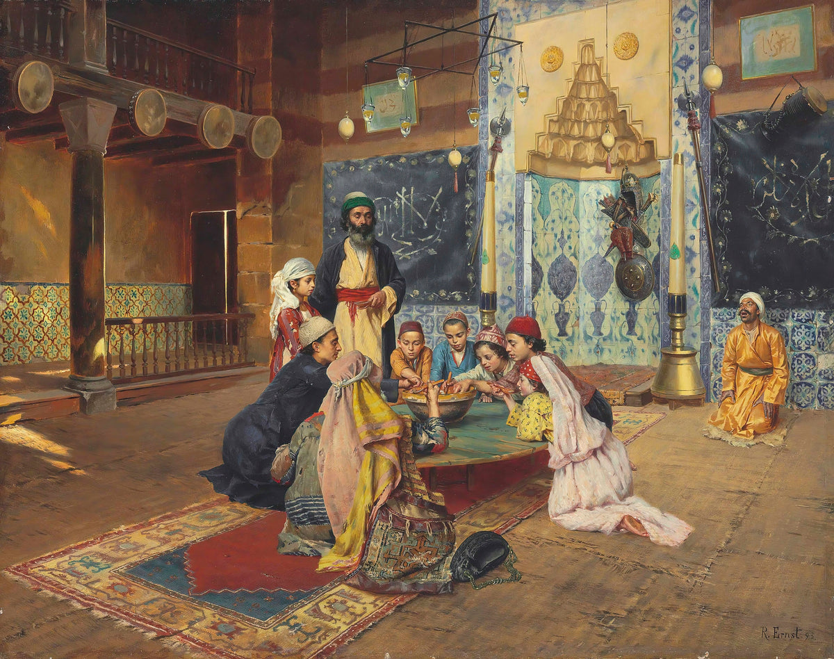 Charity among Dervishes at Scutari by Rudolf Ernst — Children share a bowl at a low table in a tiled dervish hall