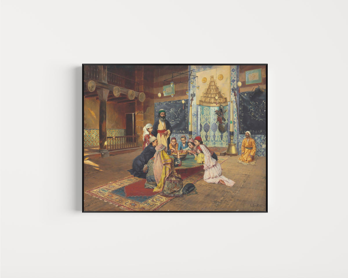 Framed art print of Charity among Dervishes at Scutari by Rudolf Ernst, in a slim black frame on a plain white wall