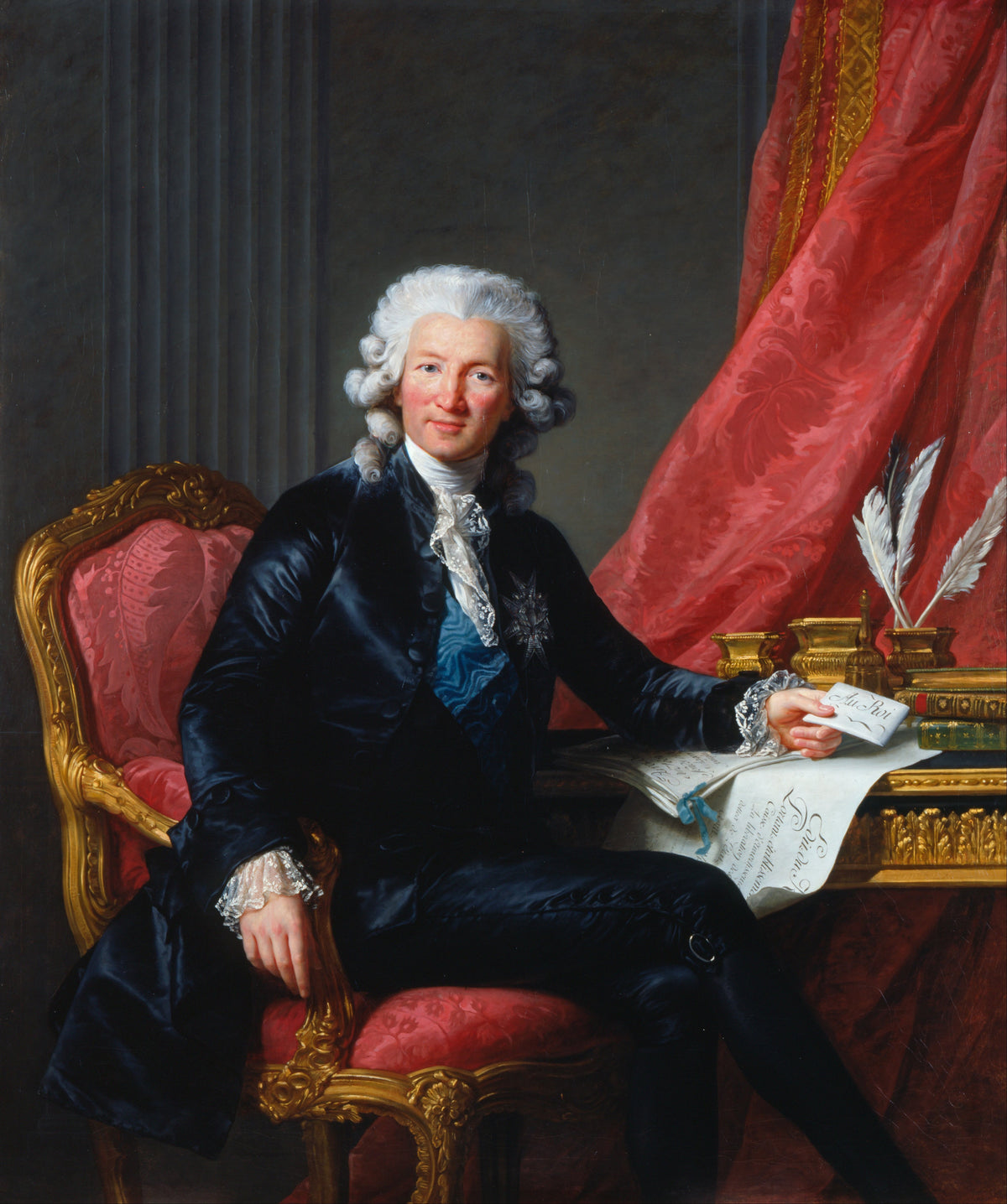 Charles-Alexandre de Calonne (1734-1802) by Élisabeth Louise Vigée Le Brun — A man in dark blue silk holds a note addressed to the king