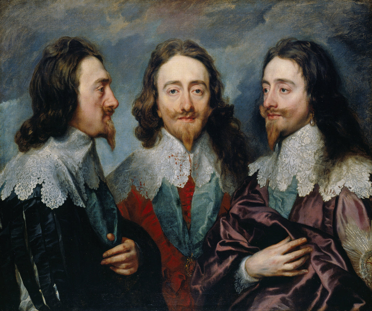 Charles I in Three Positions by Anthony van Dyck — Three views of one king's head in lace collars against a cloudy sky